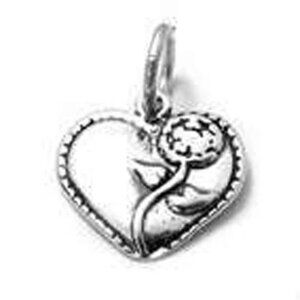 CLASSIC FLOWER IN HEART CHARM. STERLING SILVER